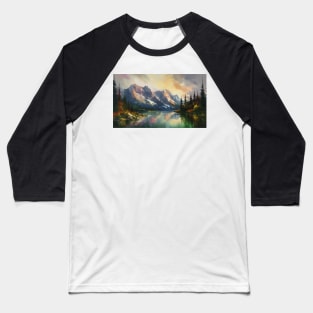 Majestic Peaks and Serene Lakes: A Vibrant Mountain Landscape Oil Painting #1 Baseball T-Shirt